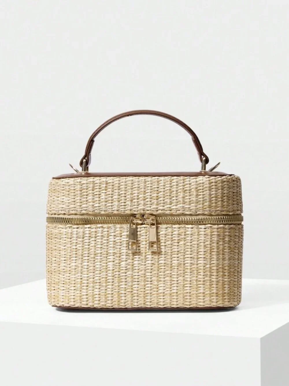 Tan Woven Straw Box Bag with Brown Trim Top Handle
